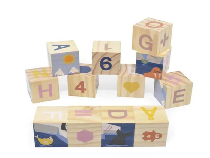Legetøjsklodser af træ med bogstaver, tal, former og dyreillustrationer er arrangeret i to rækker på en hvid baggrund.