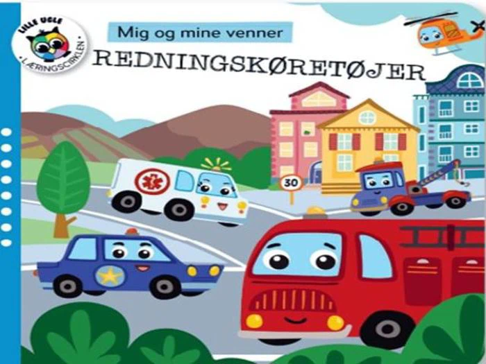 Illustreret omslag med ambulance, brandbil og politibil med glade ansigter, der kører i en farverig by; helikopter på himlen. Dansk titel: Redningskøretøjer.