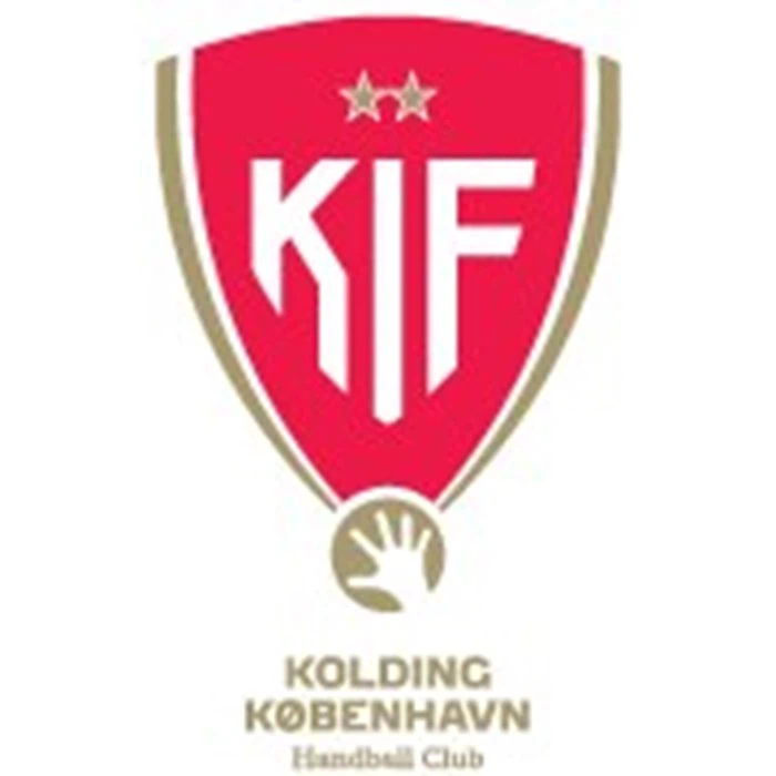 Skjoldlogo i rødt og guld med KIF i hvidt, to guldstjerner over, en guldhånd under og Kolding København Håndboldklub skrevet nedenunder.