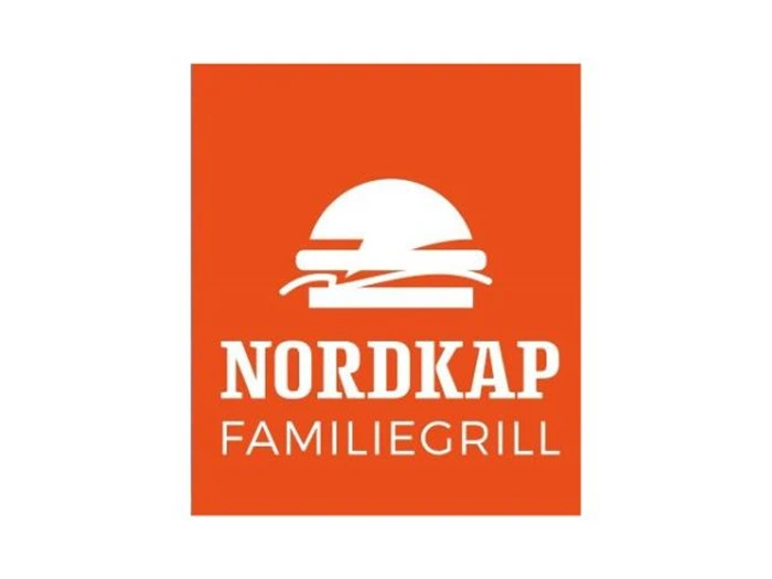Logo med et hvidt burger-ikon over teksten NORDKAP FAMILIEGRILL på orange baggrund.