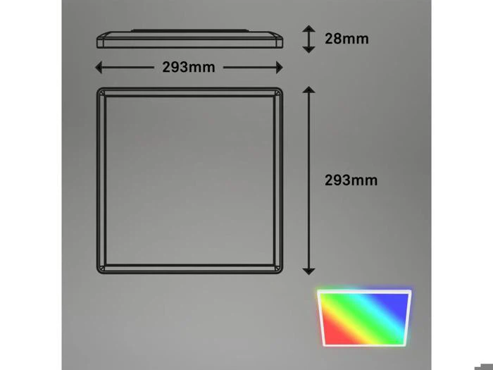 Diagram over et kvadratisk objekt, der måler 293 mm x 293 mm og er 28 mm tykt, med et lille skråt rektangel, der viser en regnbuegradient i nederste højre hjørne.