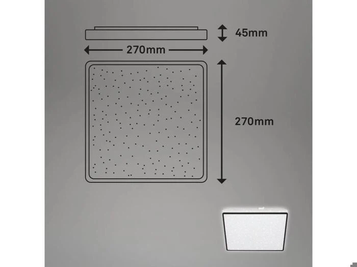 Diagram, der viser en firkantet loftslampe på 270 x 270 mm og 45 mm tyk, med pile, der angiver dimensioner, og et lille foto af lampen, der er installeret.