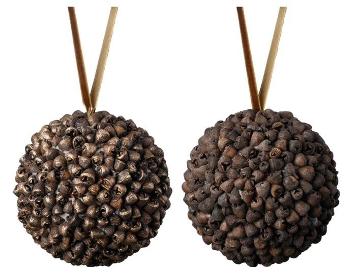 To runde ornamenter lavet af klynger af brune frøkapsler, der hver især hænger fra et gyldent bånd mod en hvid baggrund.