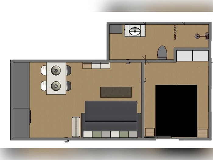 En plantegning oppefra og ned, der viser en stue med sofa, spisebord og tv, et soveværelse med seng og skabe samt et badeværelse med håndvask og toilet.