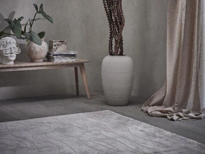 Et neutralt rum med et lyst tæppe, en høj vase med kaktus, draperede gardiner og en træbænk med potteplanter, bøger og en dekorativ hovedskulptur.