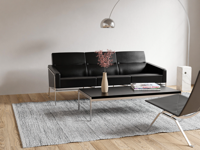 En moderne stue med en sort sofa, en matchende stol, et sort sofabord med bøger og en vase, et gråt tæppe og en gulvlampe, alt sammen på et lyst trægulv.