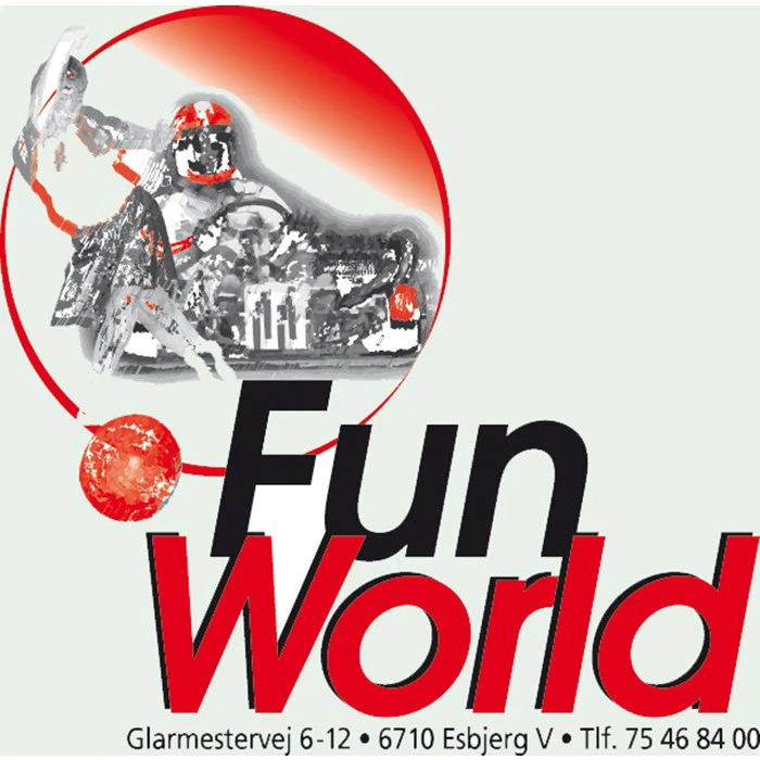 En robot med rød glød står over ordene Fun World i fed sort og rød tekst sammen med en adresse og et telefonnummer i bunden.