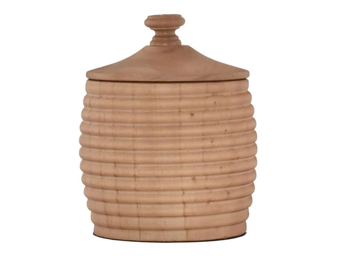 En trækrukke med et riflet, bikubeagtigt design og et matchende låg med en rund knop på toppen.