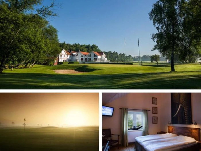 Øverst: En stor hvid bygning med rødt tag ligger ved en grøn golfbane og træer. Nederst til venstre: Golfbane ved solopgang. Nederst til højre: Hyggeligt soveværelse med dobbeltseng og vindue.