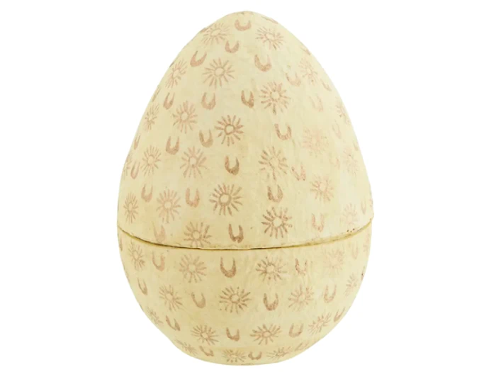 En beige, æggeformet beholder dekoreret med sol- og hesteskomønstre indgraveret på overfladen.