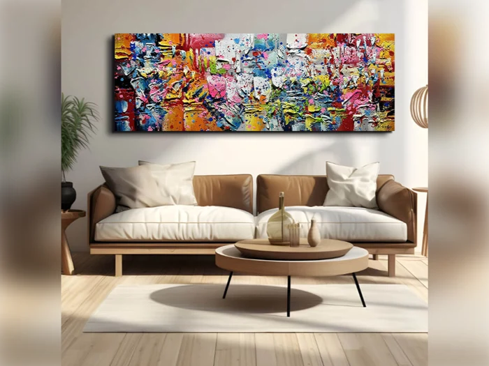 En moderne stue med en beige sofa, matchende lænestole, et rundt sofabord og et stort, farverigt abstrakt maleri, der hænger på væggen over sofaen.