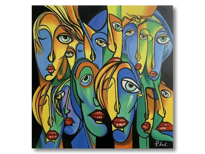 Abstrakt maleri af flere ansigter i stærke farver - blå, gul, grøn og orange - med overdrevne øjne og læber, der overlapper hinanden i en kubistisk stil.