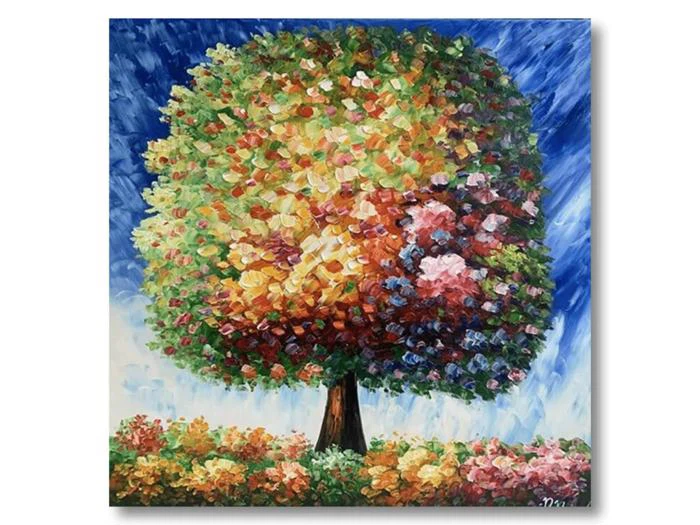 Et farverigt, abstrakt maleri af et træ med en tyk, flerfarvet baldakin, der står i en levende blomsterfyldt mark under en blå himmel.