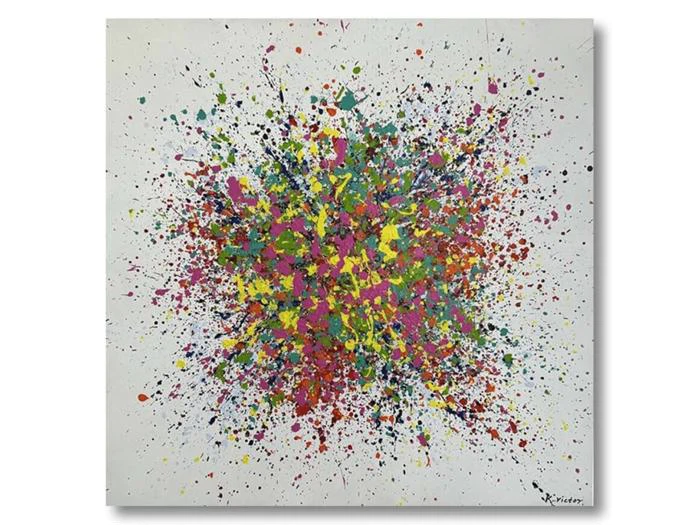 Abstrakt maleri med farverige stænk af maling, der stråler ud fra midten på en hvid baggrund og skaber en livlig eksplosionseffekt.