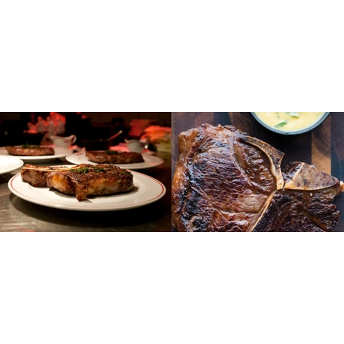 To tallerkener med grillede bøffer til venstre og et nærbillede af en tilberedt T-bone steak med en lille skål gul sauce til højre.