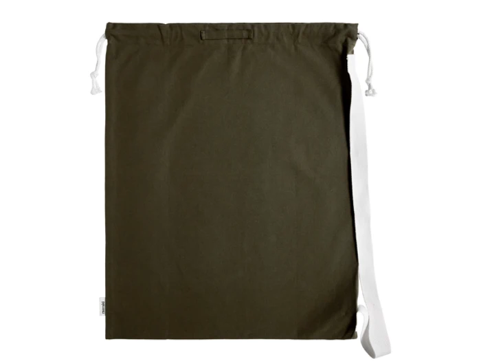 En stor mørkegrøn taske med snor og en hvid strop på den ene side, vist på en hvid baggrund.