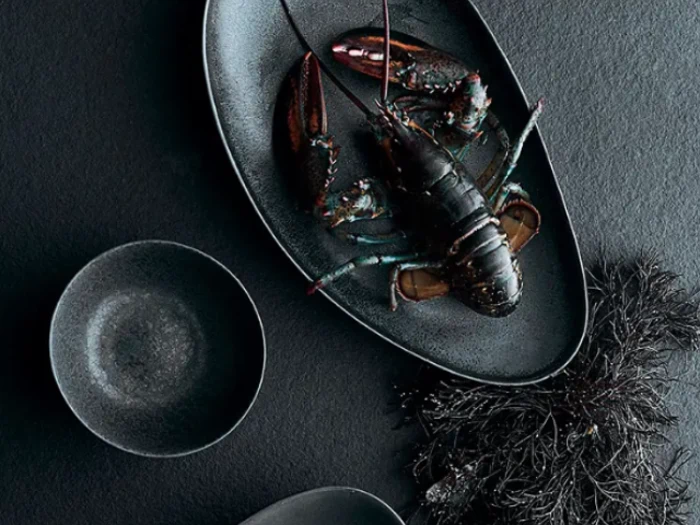 En rå hummer er placeret på en mørk oval tallerken, omgivet af tomme mørke skåle og tang, alt sammen på en struktureret sort overflade.