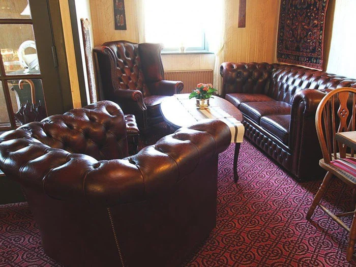 Et hyggeligt opholdsområde med brune læderlænestole og sofa arrangeret omkring et træbord på et mønstret rødt tæppe. Sollyset strømmer ind gennem et vindue i baggrunden.