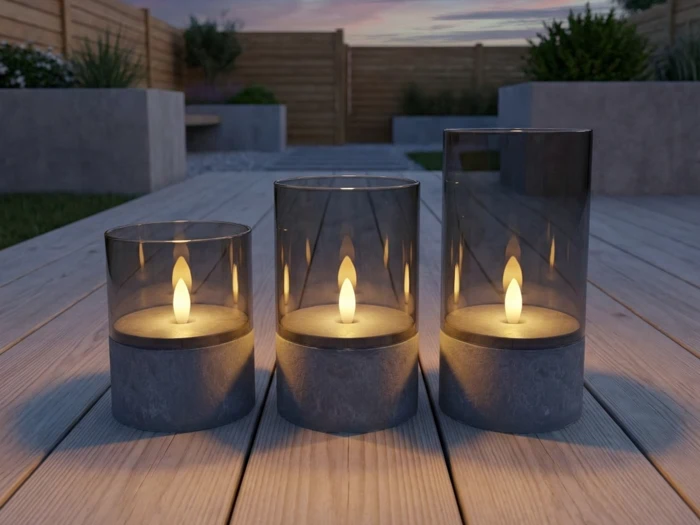 Nordic Flame, Outdoor, LED-lys, Grå, Glas, Sæt m. 3 stk., Dia:8xH:10 & Dia:8xH:12,5 & Dia:8xH:15 cm