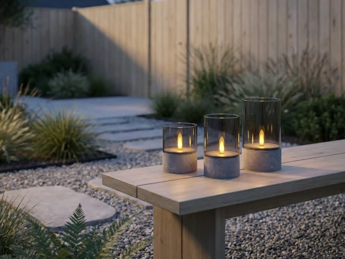 Nordic Flame, Outdoor, LED-lys, Grå, Glas, Sæt m. 3 stk., Dia:8xH:10 & Dia:8xH:12,5 & Dia:8xH:15 cm
