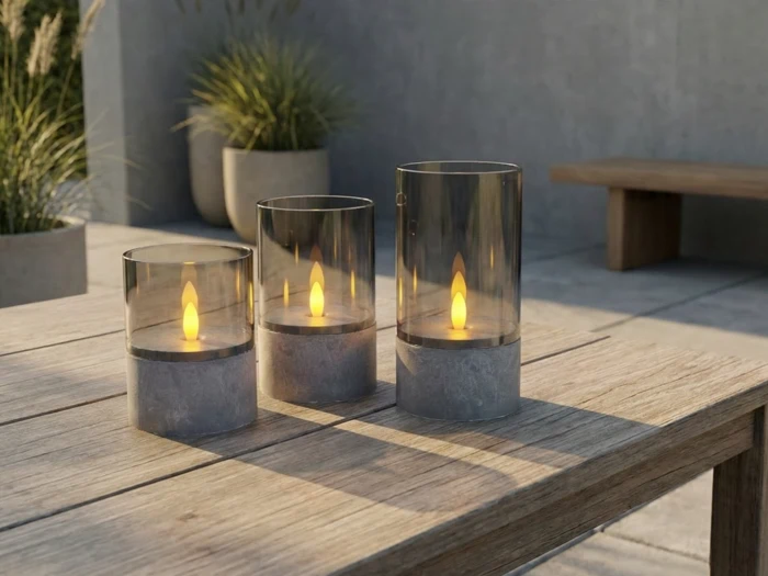 Nordic Flame, Outdoor, LED-lys, Grå, Glas, Sæt m. 3 stk., Dia:8xH:10 & Dia:8xH:12,5 & Dia:8xH:15 cm