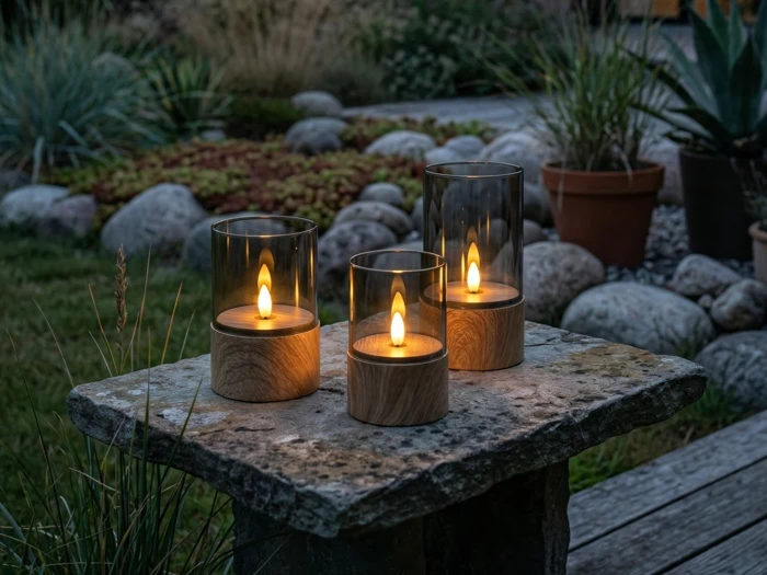 Nordic Flame, Outdoor, LED-lys, Brun, Glas, Sæt m. 3 stk., Dia:8xH:10 & Dia:8xH:12,5 & Dia:8xH:15 cm