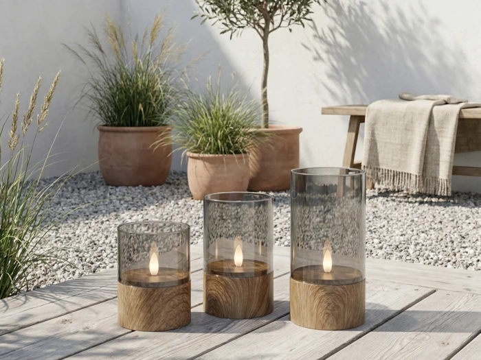 Nordic Flame, Outdoor, LED-lys, Brun, Glas, Sæt m. 3 stk., Dia:8xH:10 & Dia:8xH:12,5 & Dia:8xH:15 cm