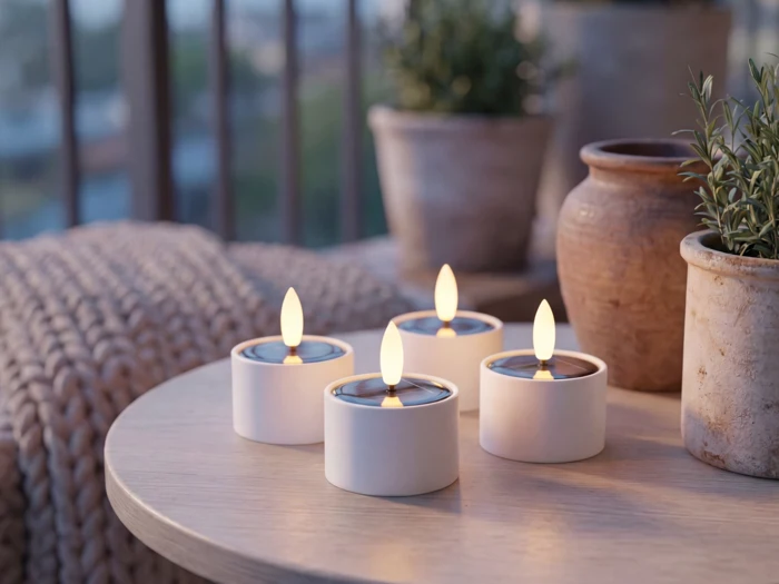 Nordic Flame, Outdoor, Solcelle, Fyrfadslys m. 3D flamme, Sæt m. 4 stk, Dia:5,3 x H:3,5 cm