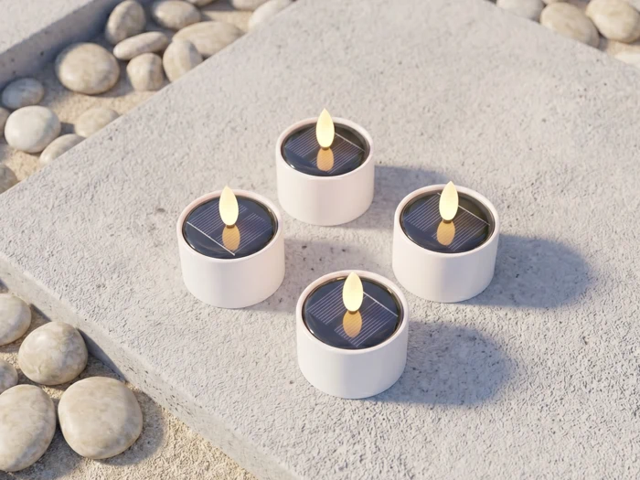 Nordic Flame, Outdoor, Solcelle, Fyrfadslys m. 3D flamme, Sæt m. 4 stk, Dia:5,3 x H:3,5 cm