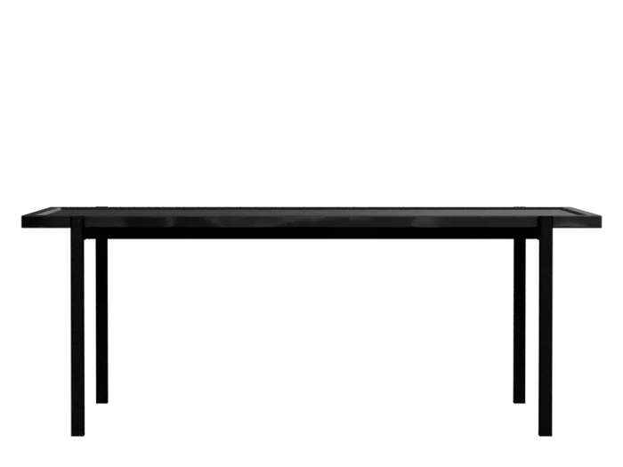 Minimalistisk sort rektangulært bord med fire lige ben, fotograferet mod en almindelig hvid baggrund.
