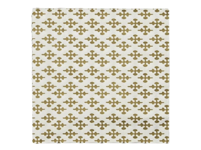 En hvid rektangulær overflade med et gentagende mønster af geometriske former i guld arrangeret i jævnt fordelte rækker og søjler.