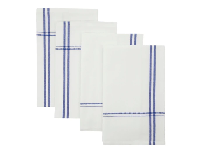 Fire hvide viskestykker er pænt stablet, hver med blå striber langs kanterne og en stribe, der krydser nær bunden.