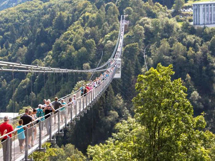 Masser af mennesker går over en lang hængebro højt over en skovklædt dal med frodige grønne træer og bakker i baggrunden.