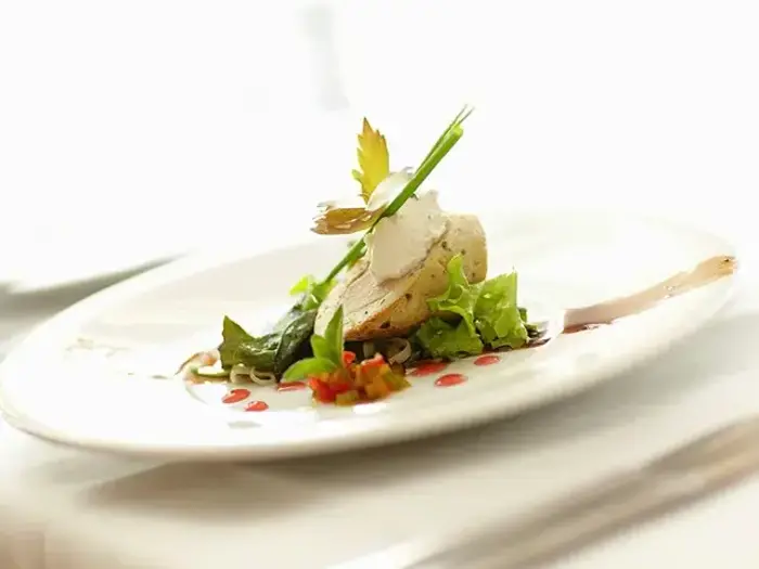 En gourmetret med et stykke fjerkræ, pyntet med grønt og sauce, kunstfærdigt anrettet på en hvid tallerken.