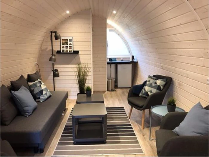 Et hyggeligt opholdsrum med trævægge, moderne grå møbler, et stribet tæppe, indendørs planter og et lille tekøkken i baggrunden med et minikøleskab og et buet vindue.