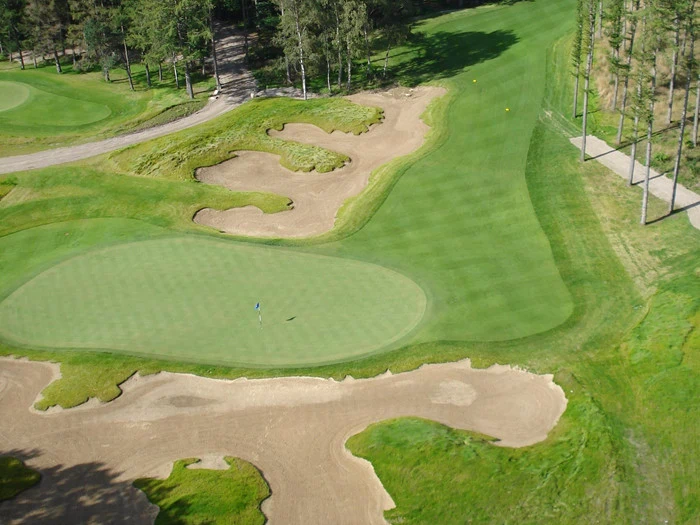 Luftfoto af en golfbane med en green med flag, flere sandbunkere og pænt klippet græs omgivet af træer.
