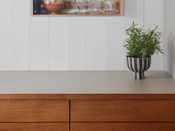 En stribet krukke med en grøn bladplante står på en trækommode under en væghylde med kopper og skåle mod en hvid panelvæg.