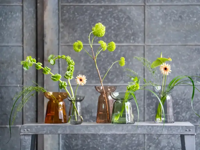 Fem glasvaser i forskellige nuancer, hver med forskellige grønne stængler og små blomster, står på en hylde mod en grå flisevæg.