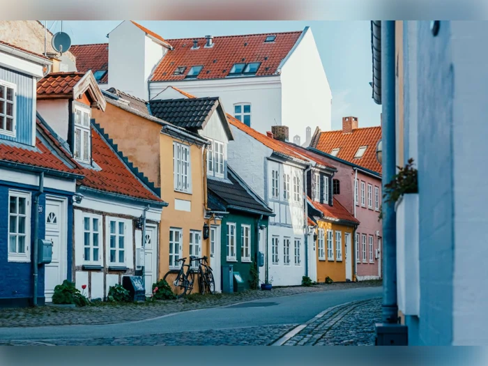 En malerisk gade med farverige, charmerende huse med røde tegltage og hvide vinduer på en solrig dag.