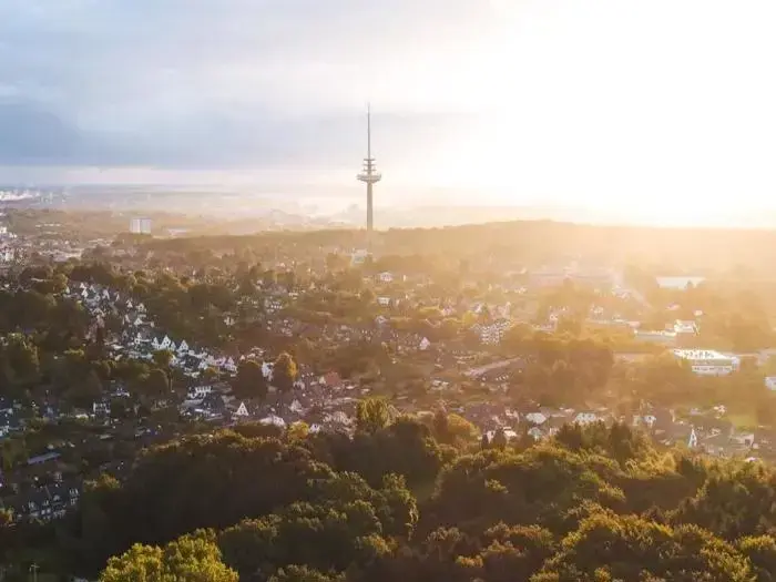 Luftfoto af en by med spredte huse, tætte grønne træer og et højt kommunikationstårn under en lys, diset himmel ved solopgang eller solnedgang.