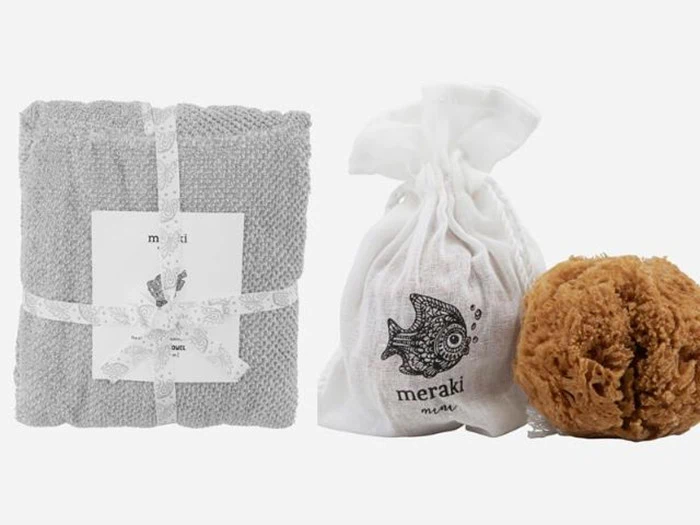 Baby håndklæde og badesvamp fra Meraki.