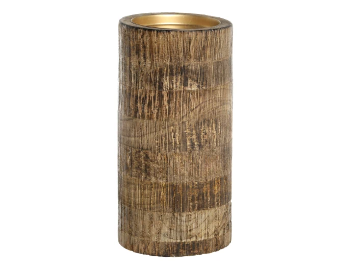 En høj, cylindrisk trævase med en rustik tekstur og et glat, metallisk guldinteriør.