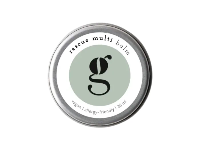 En rund dåse mærket rescue multi balm med et stiliseret g i midten og teksten vegan | allergy-friendly | 30 ml.