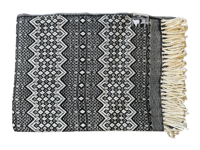 Et foldet sort og hvidt mønstret tæppe med geometriske mønstre og cremefarvede frynser på den ene kant.