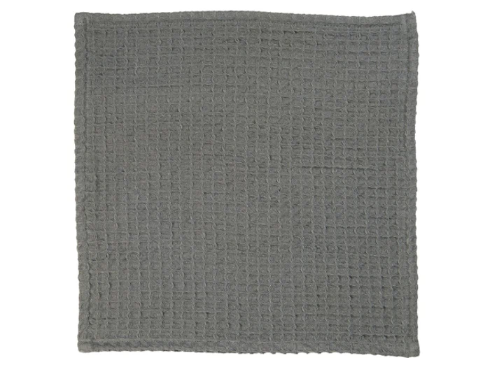 Et gråt, firkantet håndklæde eller klud med vaffelstruktur, der ligger fladt på en hvid baggrund.