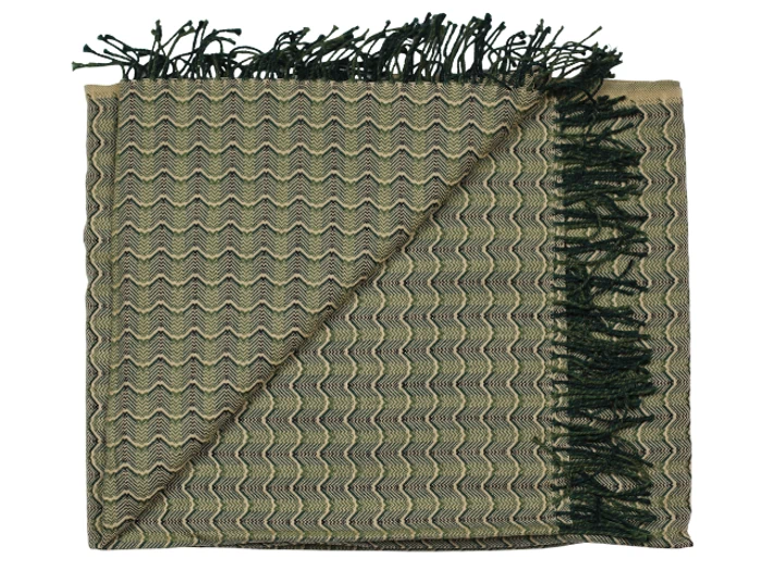 Et foldet vævet tæppe med grønt og beige zigzagmønster og mørkegrønne frynser langs den ene kant.