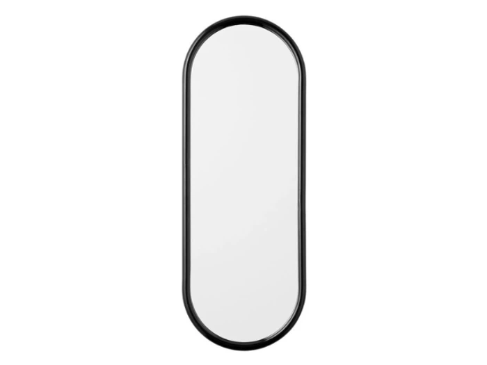 Et aflangt, ovalt spejl med en sort ramme, der vises mod en almindelig hvid baggrund.