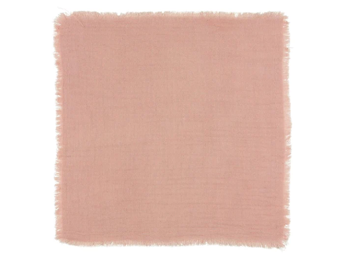 Et firkantet, lyserødt stof med flossede kanter, der ligger fladt på en hvid baggrund.