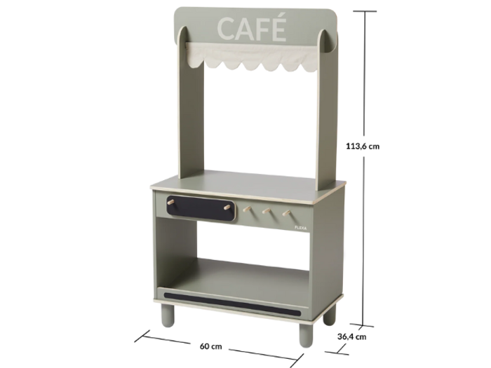 Et legecaféstativ til børn i lysegråt med en hvid baldakin med bølger. Dimensioner: 113,6 cm høj, 60 cm bred og 36,4 cm dyb.