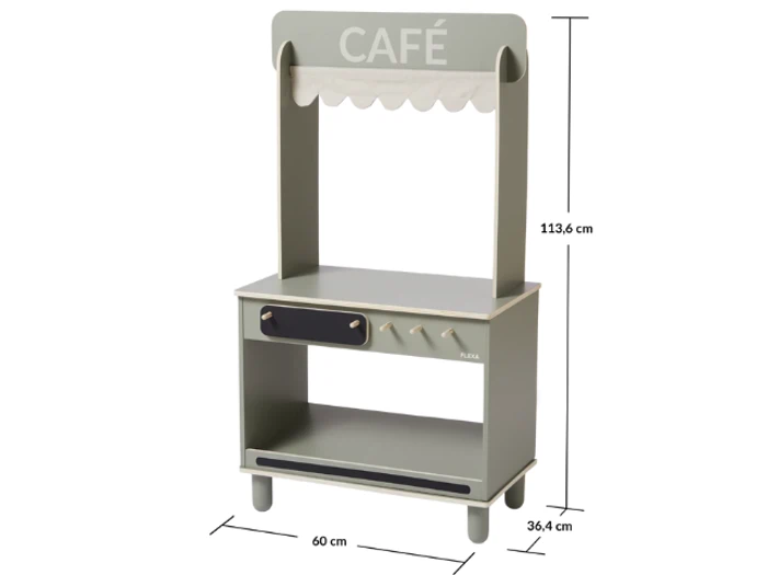Et legecaféstativ til børn i lysegråt med en hvid baldakin med bølger. Dimensioner: 113,6 cm høj, 60 cm bred og 36,4 cm dyb.